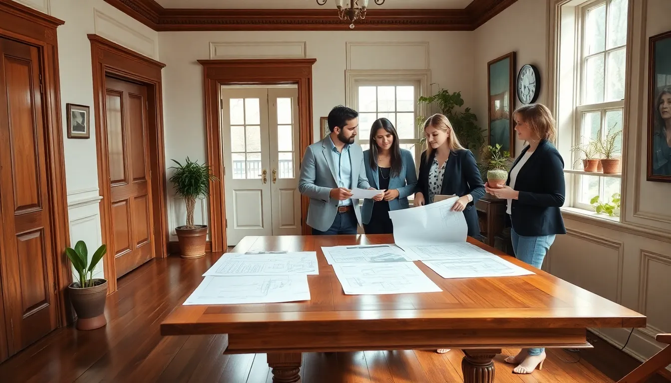 professionals discussing renovation in a charming old home interior.