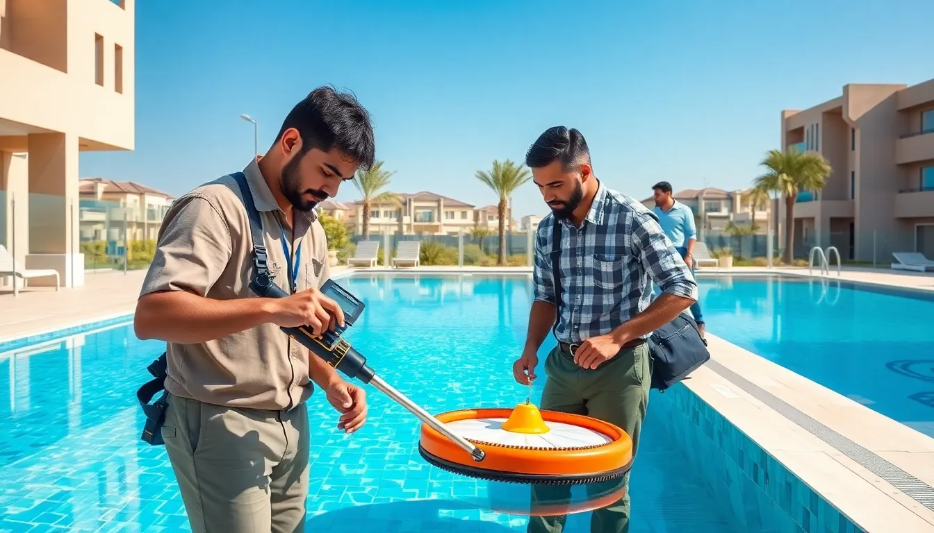 diverse team performing swimming pool maintenance in a sunny environment.
