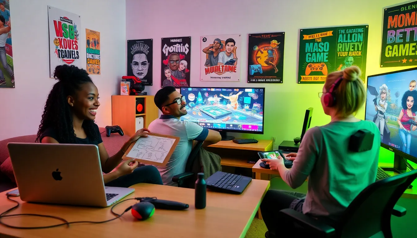 diverse group creating games in a modern gaming workspace.